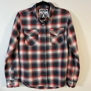 DIXXON WOMEN'S EQUALIZER
FLANNEL Sz Medium Grey Red White Plaid Long Sleeve
